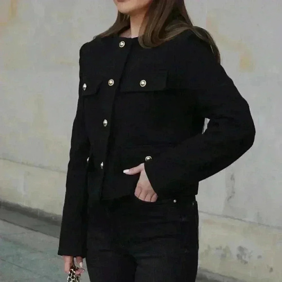 Black Elegant Women's Casual Tweed Jacket Decorated Long Sleeve Coat - Picture 3 of 8